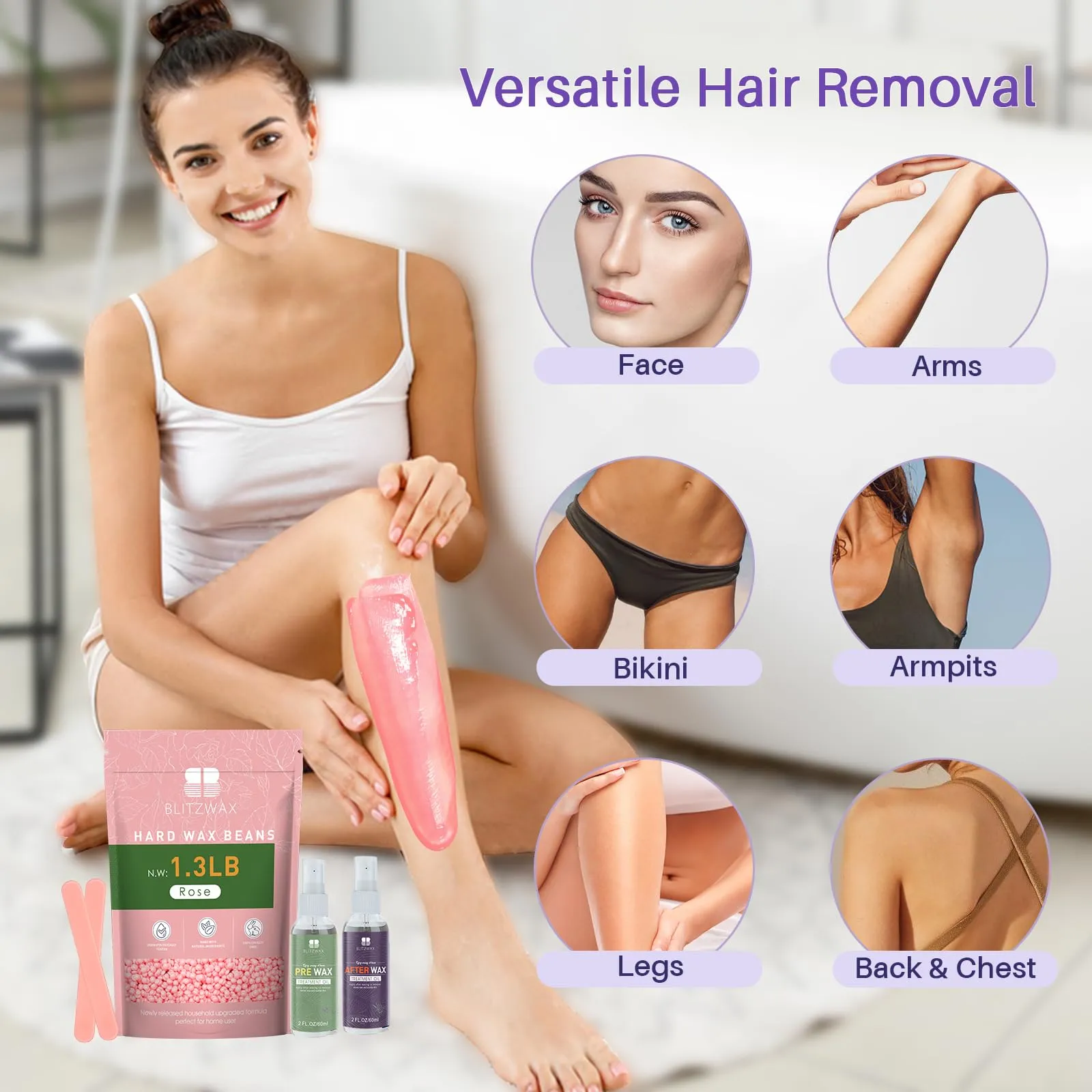 BLITZWAX Rose Wax Beads for Hair Removal 1.3lb Hard Wax Beans for Sensitive Skin, with 2 Silicone Sticks and 2 Pre&Post Waxing Oils for Bikini, Face and Brazilian, Suitable for Women Men at Home Salon