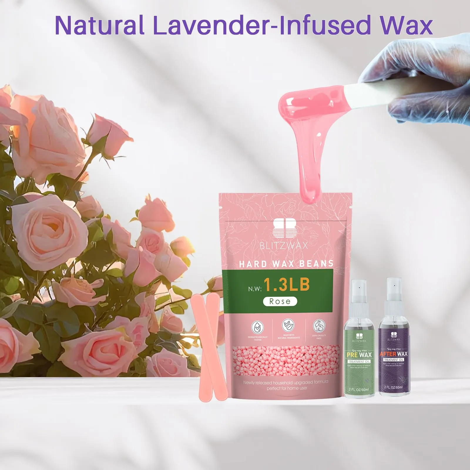 BLITZWAX Rose Wax Beads for Hair Removal 1.3lb Hard Wax Beans for Sensitive Skin, with 2 Silicone Sticks and 2 Pre&Post Waxing Oils for Bikini, Face and Brazilian, Suitable for Women Men at Home Salon