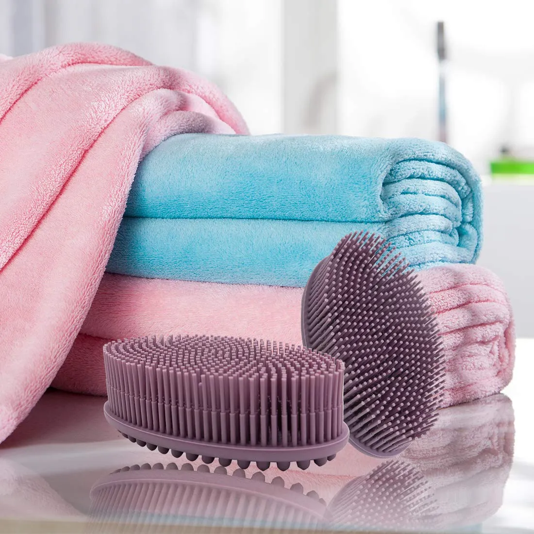 Body Brush,Silicone Body Bath Brush Double Side Back Scrubber Handle Bath Shower Brushes Scrubbers with Ultra Soft Bristles,Non-Slip