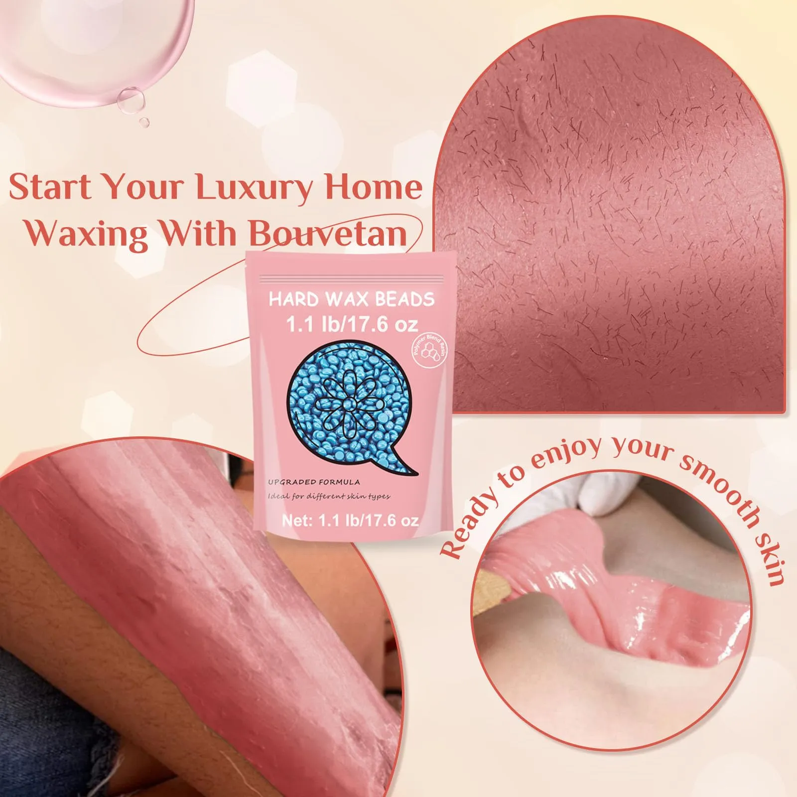 Bouvetan Hard Wax Beads (Dark Green), 1.1lb/17.6oz - Sensitive Skin Hair Removal Wax for Face, Legs, Armpit, Brazilian, Bikini and Full Body at Home - Waxing Beads for Women Men