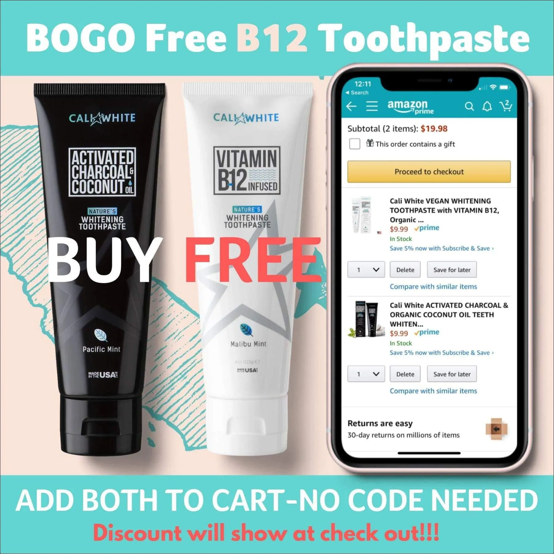 Cali White Fluoride Free Natural Whitening Toothpaste, Activated Charcoal Toothpaste, Vegan, Sulfate Free, Peroxide Free, SLS Free, Pacific Mint 4 oz, 1 Pack