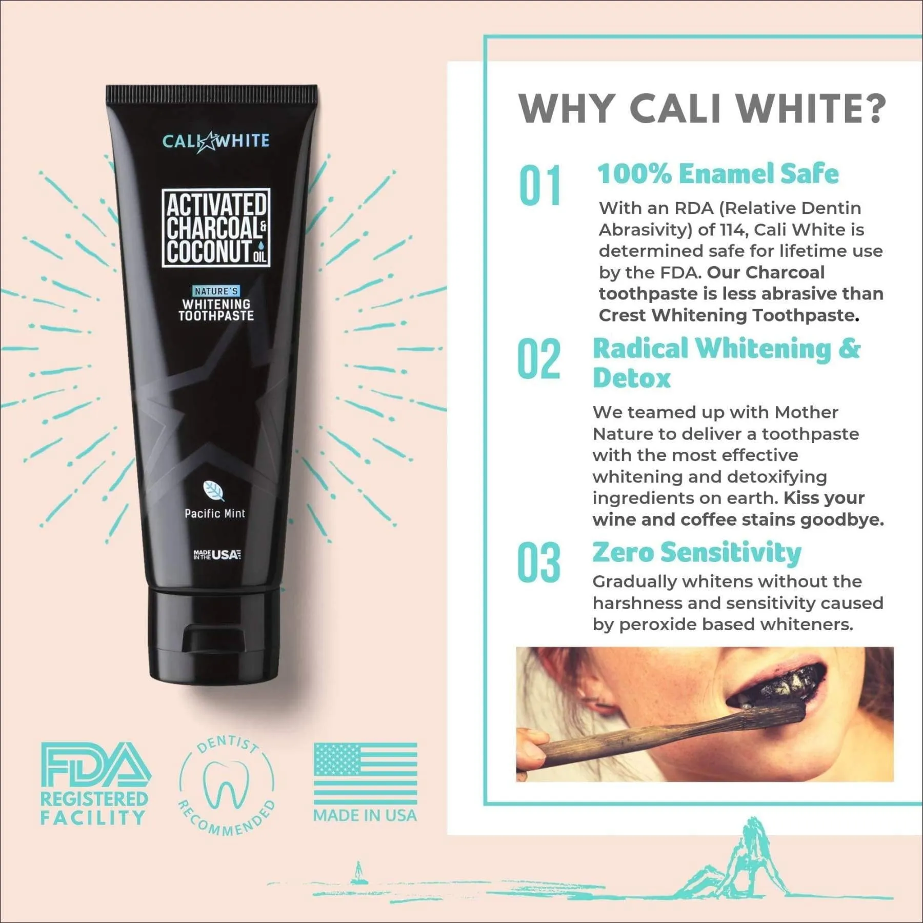 Cali White Fluoride Free Natural Whitening Toothpaste, Activated Charcoal Toothpaste, Vegan, Sulfate Free, Peroxide Free, SLS Free, Pacific Mint 4 oz, 1 Pack