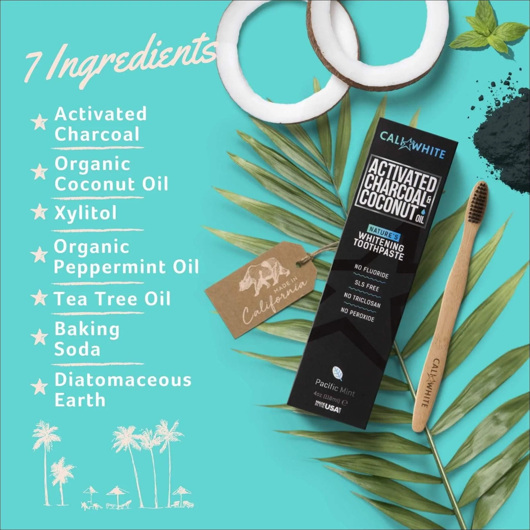 Cali White Fluoride Free Natural Whitening Toothpaste, Activated Charcoal Toothpaste, Vegan, Sulfate Free, Peroxide Free, SLS Free, Pacific Mint 4 oz, 1 Pack