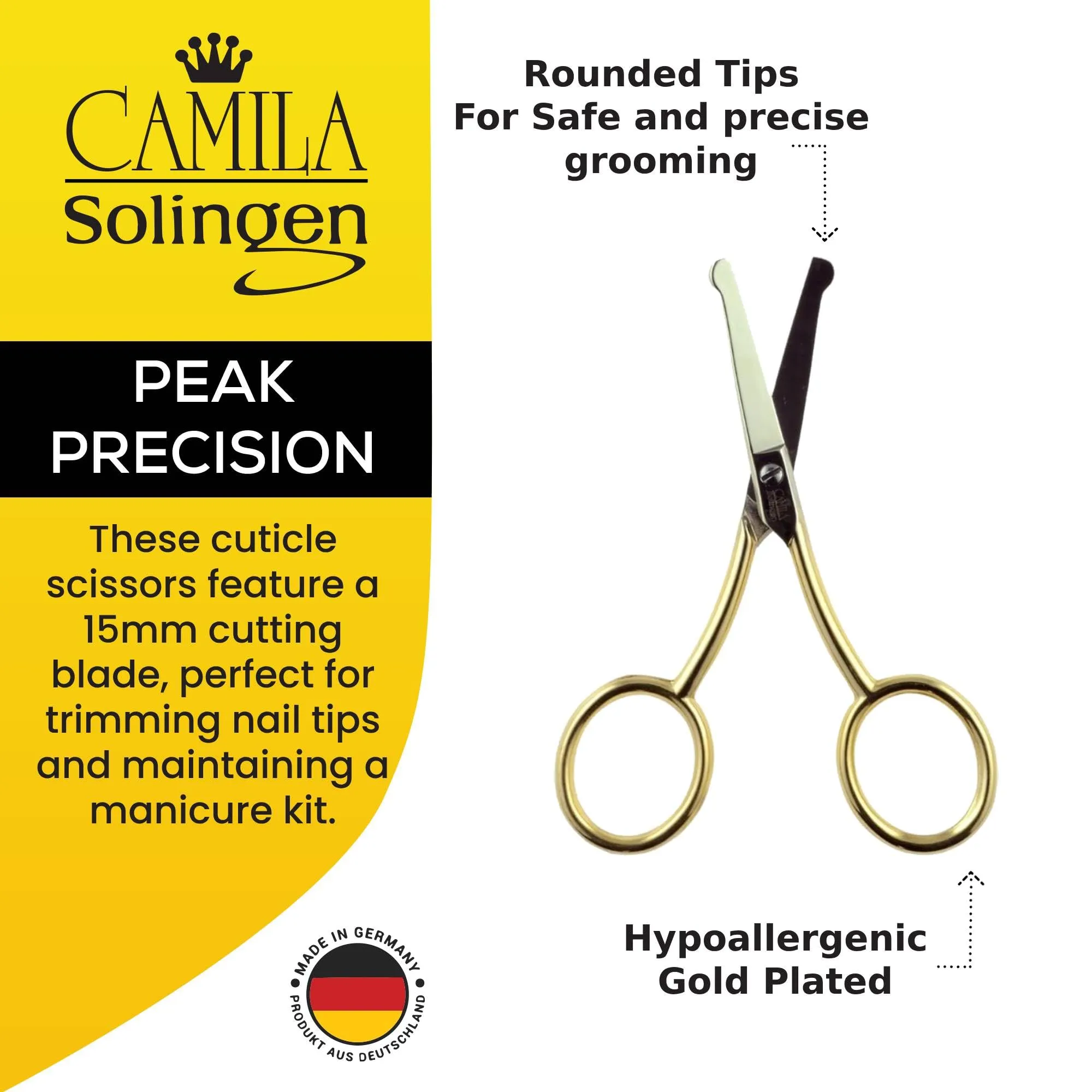 Camila Solingen CS06 Professional Hypoallergenic Gold Plated Rounded Safety Tip Scissors for Facial, Body & Nostril Hair. for Men Women & Kids. Made of Durable Stainless Steel in Solingen, Germany