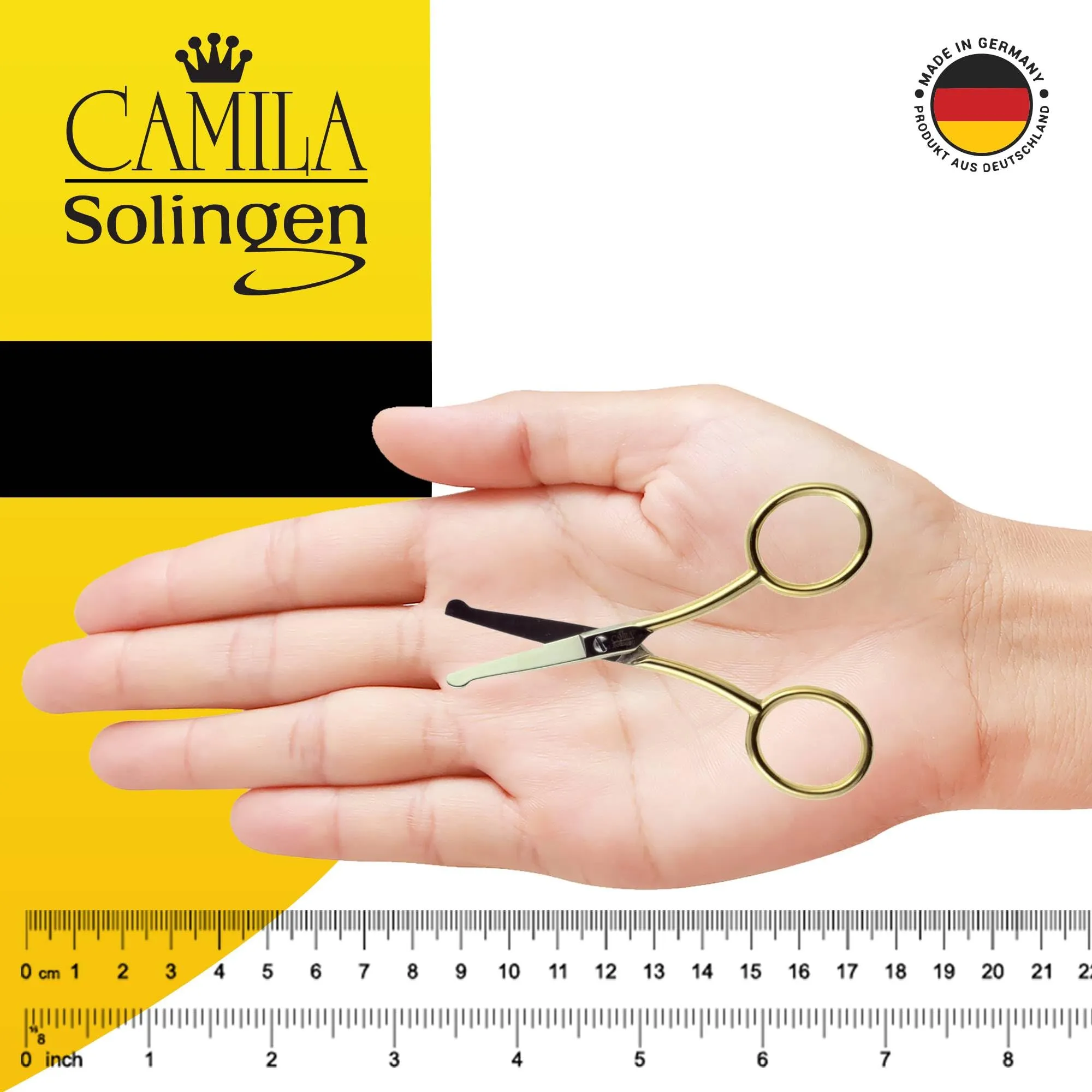 Camila Solingen CS06 Professional Hypoallergenic Gold Plated Rounded Safety Tip Scissors for Facial, Body & Nostril Hair. for Men Women & Kids. Made of Durable Stainless Steel in Solingen, Germany