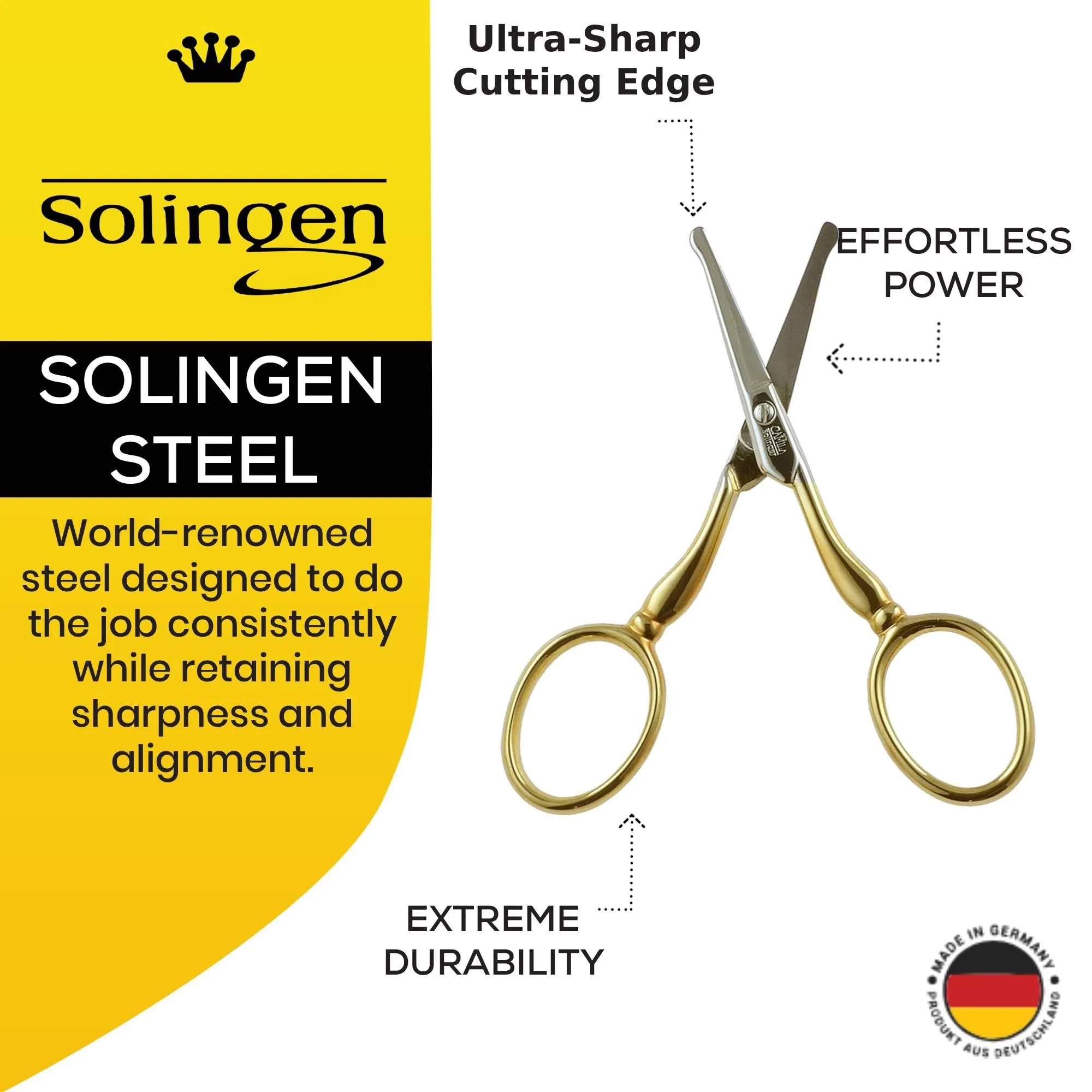 Camila Solingen CS06 Professional Hypoallergenic Gold Plated Rounded Safety Tip Scissors for Facial, Body & Nostril Hair. for Men Women & Kids. Made of Durable Stainless Steel in Solingen, Germany