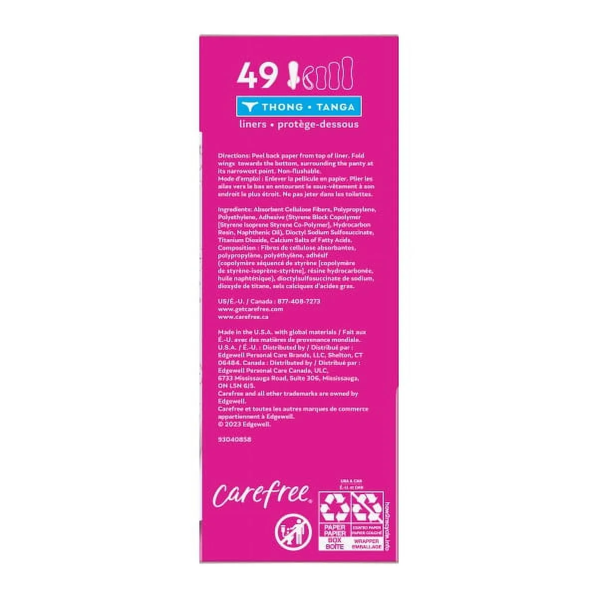 CAREFREE® THONG Panty Liners With Wings, Flat, Unscented, 49ct