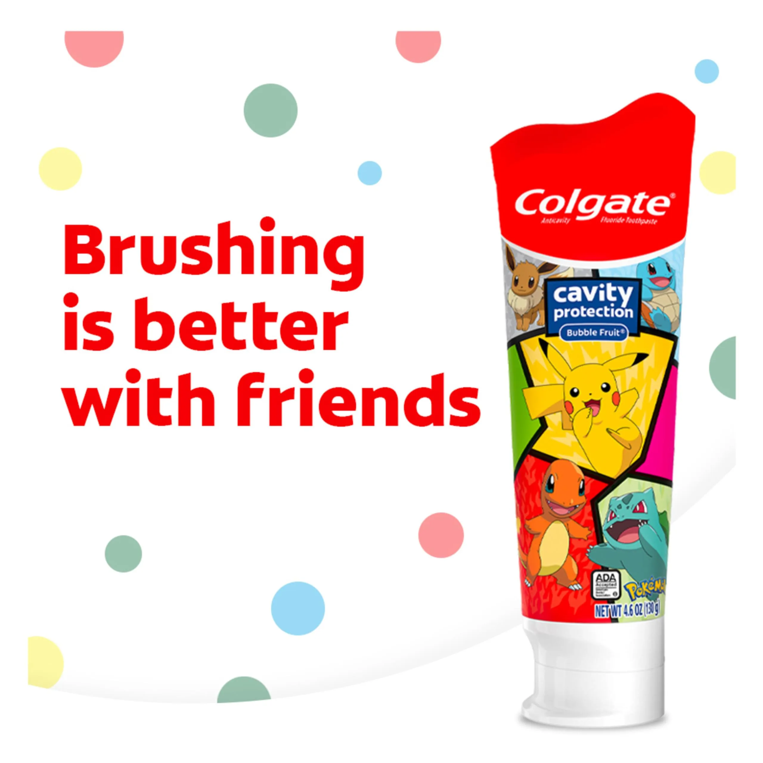 Colgate Kids Cavity Protection Toothpaste, Pokemon Kids Toothpaste with Fluoride, Helps Fight Cavities, Safe for Ages 2 , Mild Bubble Fruit Flavor, Sugar Free, Kids Fluoride Toothpaste, 4.6 Oz Tube