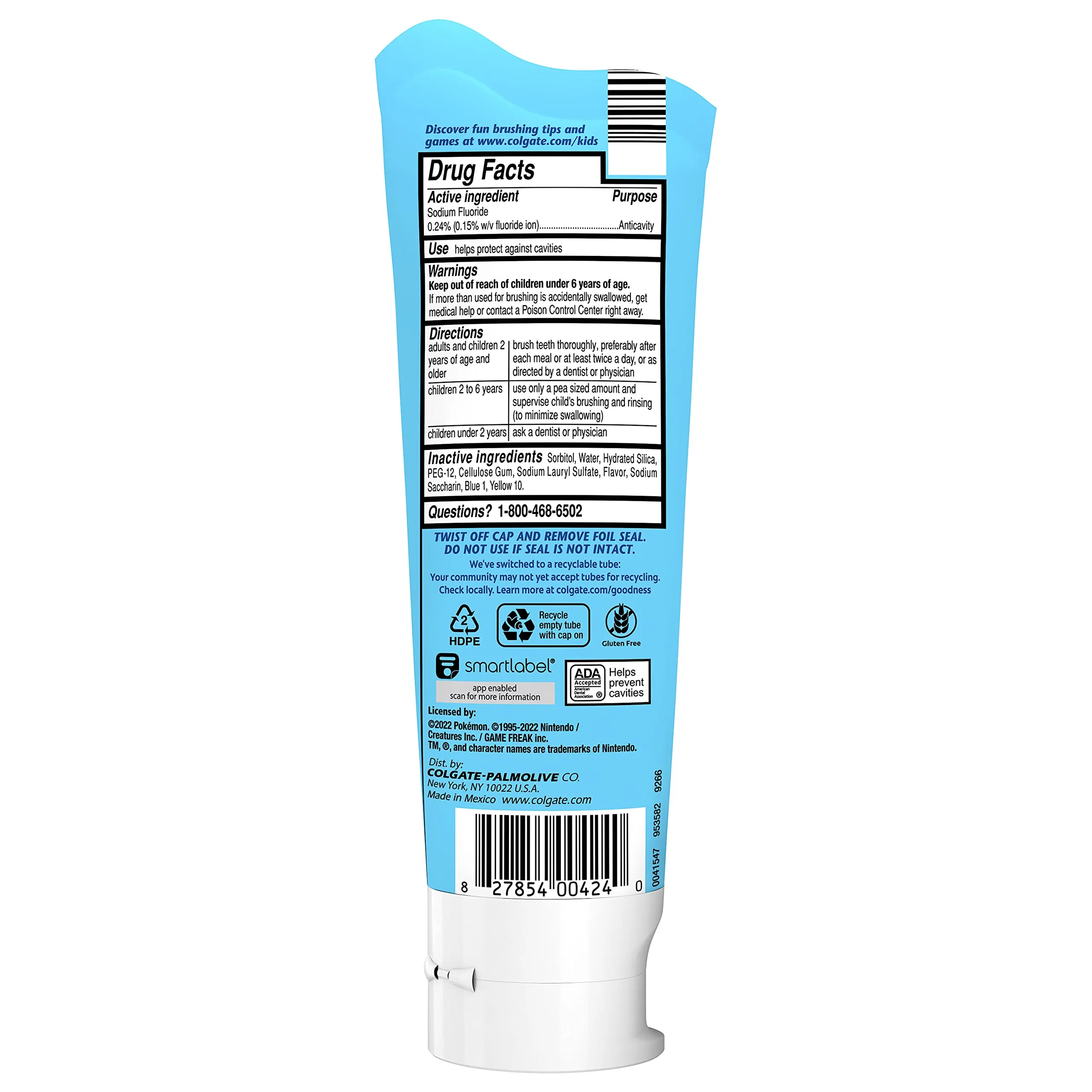 Colgate Kids Cavity Protection Toothpaste, Pokemon Kids Toothpaste with Fluoride, Helps Fight Cavities, Safe for Ages 2 , Mild Bubble Fruit Flavor, Sugar Free, Kids Fluoride Toothpaste, 4.6 Oz Tube