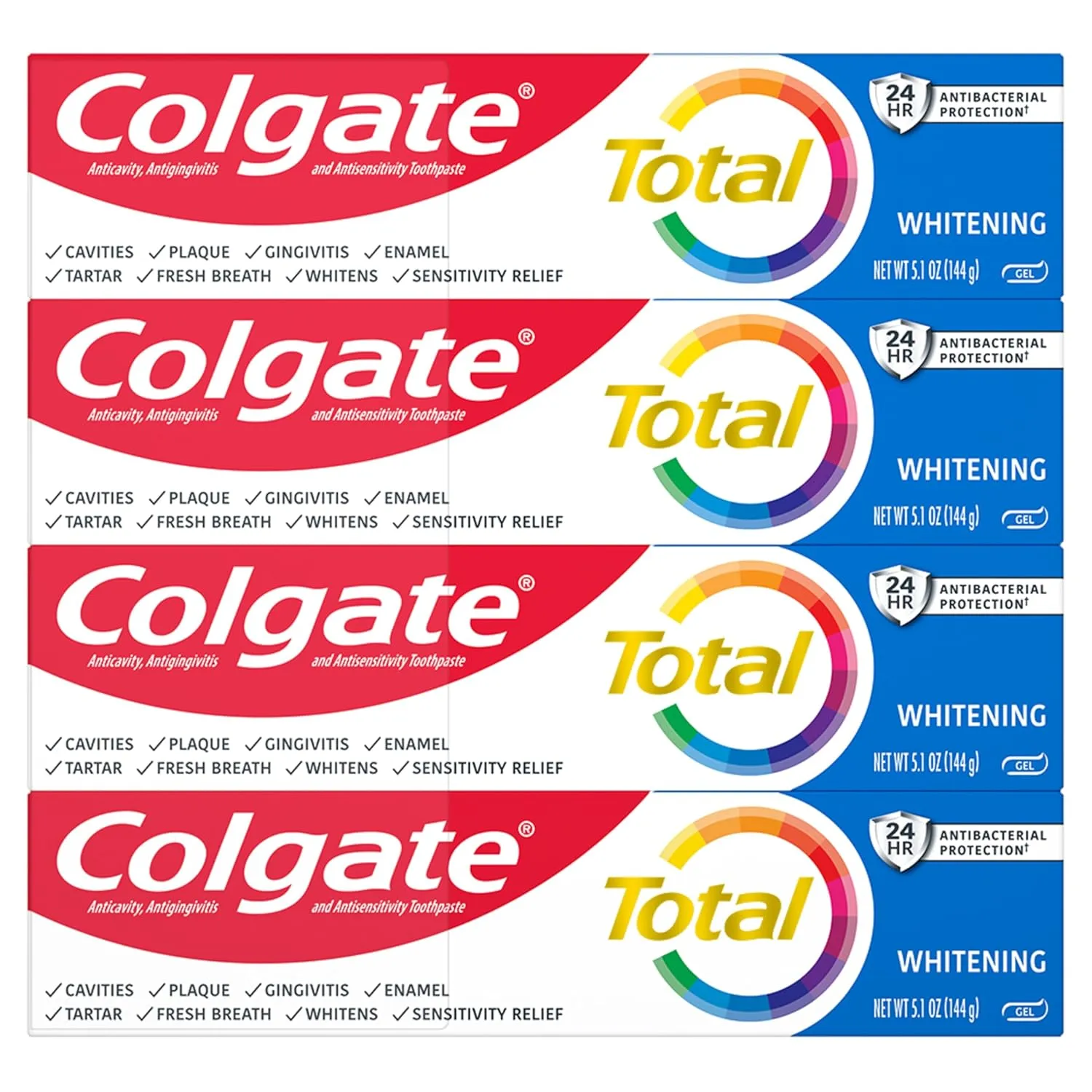 Colgate Total Whitening Toothpaste with Fluoride, 10 Benefits Including Sensitivity Relief and Stain Removal, Mint, 5.1 ounces (4 Pack)