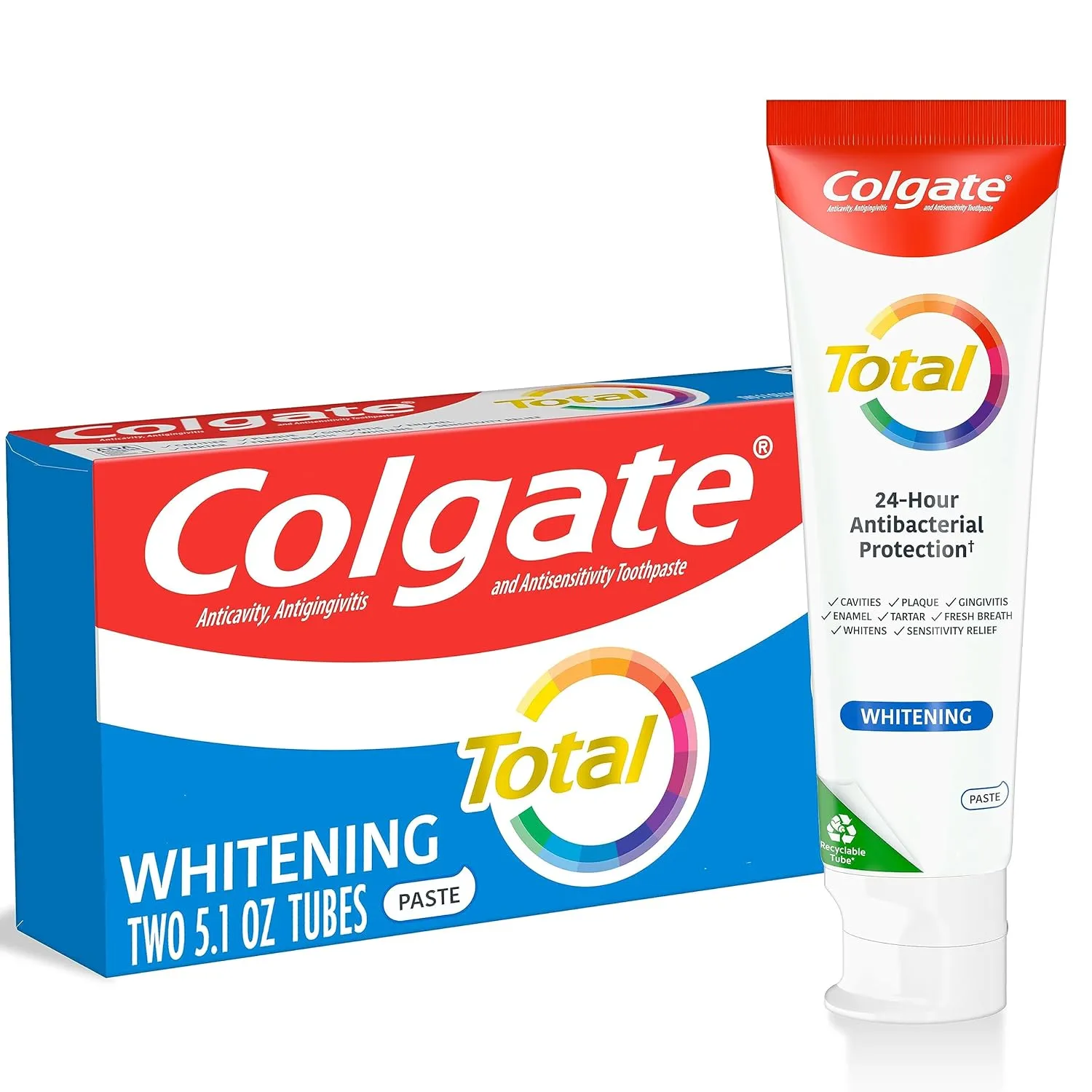 Colgate Total Whitening Toothpaste with Fluoride, 10 Benefits Including Sensitivity Relief and Stain Removal, Mint, 5.1 ounces (4 Pack)