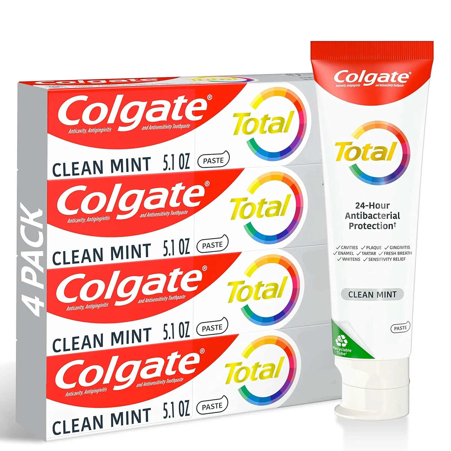 Colgate Total Whitening Toothpaste with Fluoride, 10 Benefits Including Sensitivity Relief and Stain Removal, Mint, 5.1 ounces (4 Pack)