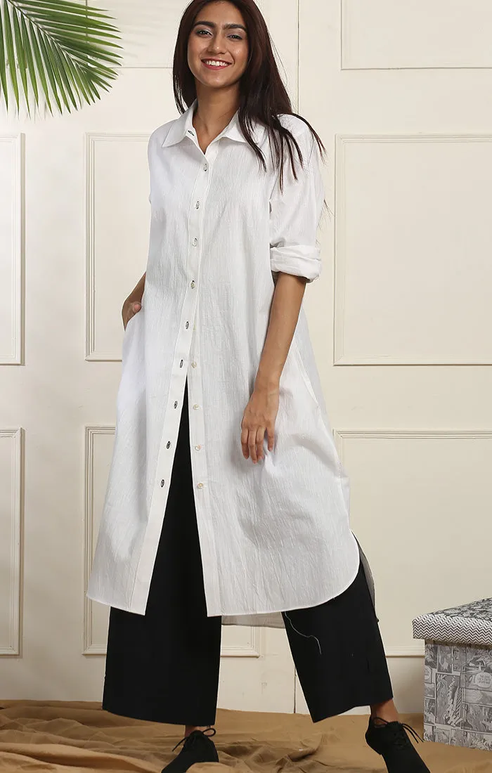 Cotton Linen Shirt Dress - White