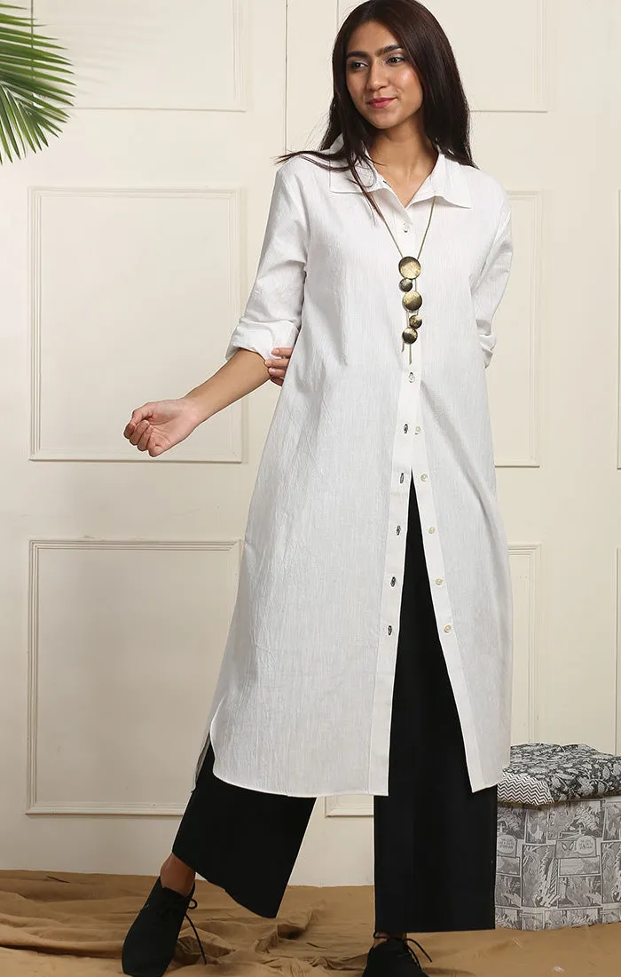 Cotton Linen Shirt Dress - White