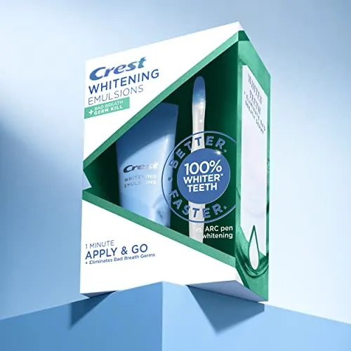 Crest Whitening Emulsions   Bad Breath Germ Kill Leave-On Teeth Whitening Gel Kit with Wand Applicator and Stand, Apply & Go, 0.88oz