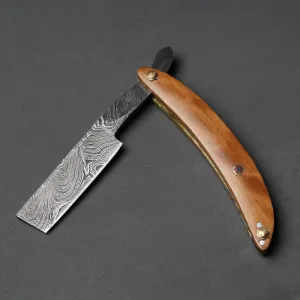 Custom Handmade Damascus Steel Razor Handle Olive Wood With Leather Sheath Premium Damascus Razor for a Luxurious Shave