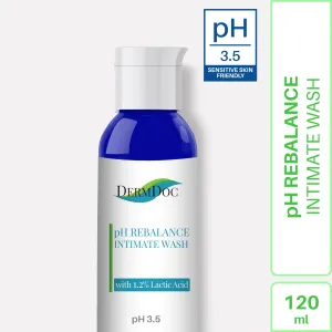 DermDoc  pH Rebalance Intimate Wash with 1.2% Lactic Acid (120ml) | For All Skin Types | pH 3.5-4.5 | Free from Itch, Irritation, Dryness & Unpleasant Odour, Safe to Use During Periods | Paraben Free, Cruelty Free