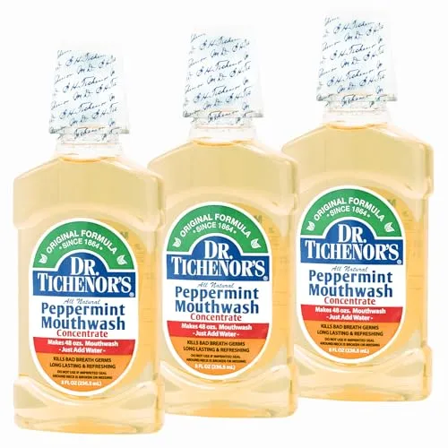 Dr. Tichenor's Peppermint Mouthwash Concentrate - Oral Rinse for Bad Breath and Oral Health with a Minty Punch for Soothing Relief of Minor Sore Throat Irritation - 8 Ounce (Pack of 3)