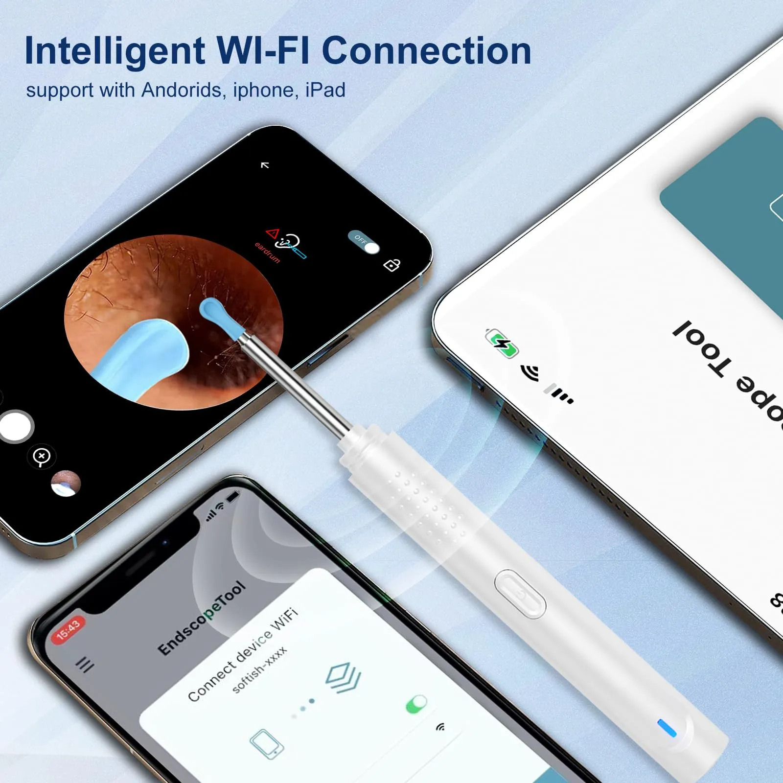 Ear Wax Removal, Ear Cleaner with Camera with 1296P, Earwax Removal kit with 9 Ear Pick and 8 Traditional Tools, Built-in WiFi IP67 Waterproof, Ear Cleaning Kit for iPhone,iPad,Android (White)