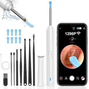 Ear Wax Removal, Ear Cleaner with Camera with 1296P, Earwax Removal kit with 9 Ear Pick and 8 Traditional Tools, Built-in WiFi IP67 Waterproof, Ear Cleaning Kit for iPhone,iPad,Android (White)