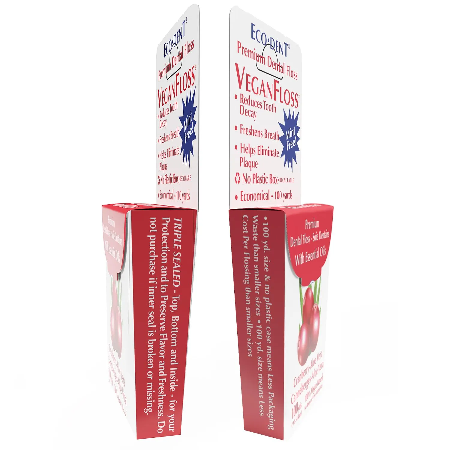 Eco-Dent VeganFloss Dental Floss, Waxed, Cranberry-Aloe - Floss with Vegan Plant-Based Wax, Recyclable Cardboard Packaging, 100 Yds (Pack of 6)