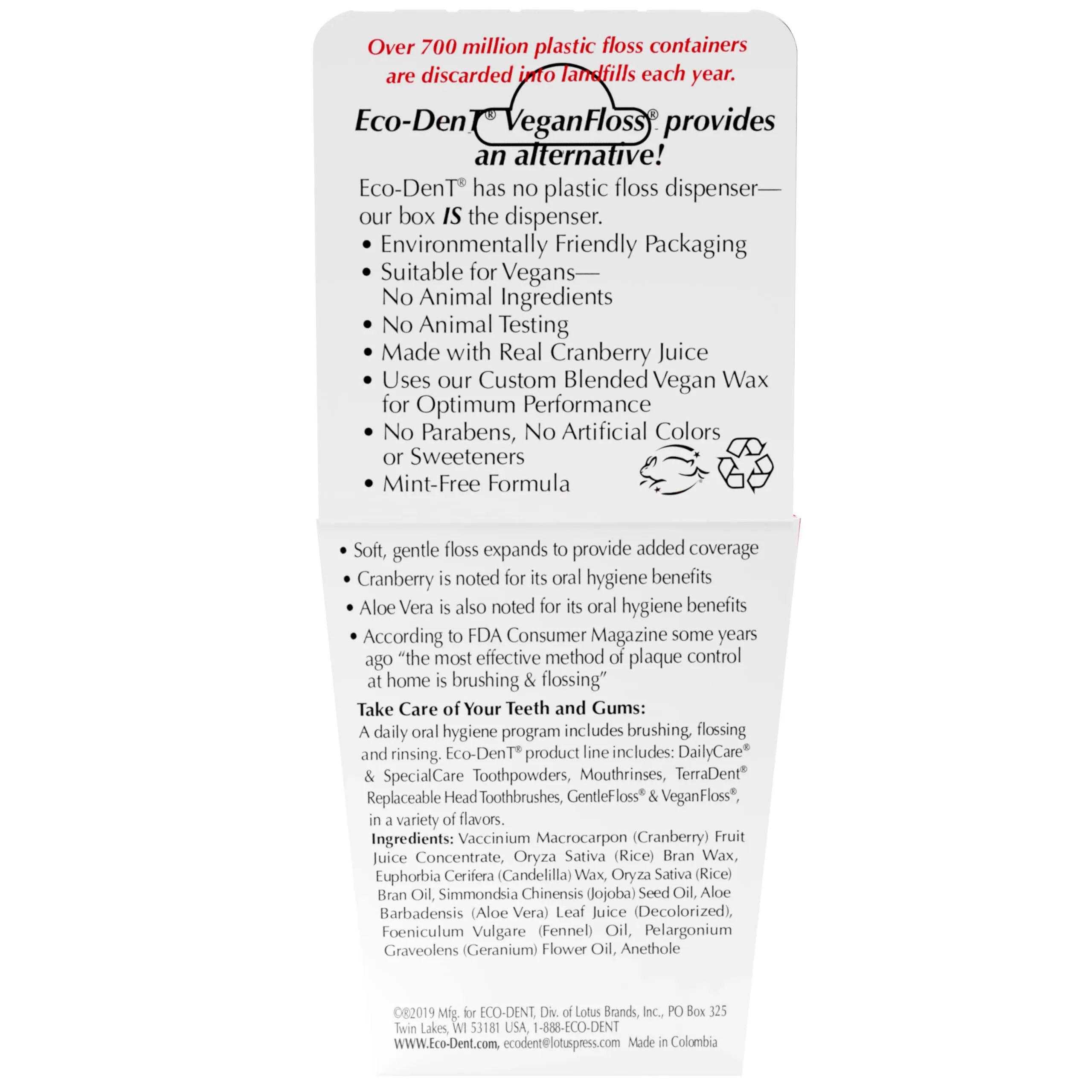 Eco-Dent VeganFloss Dental Floss, Waxed, Cranberry-Aloe - Floss with Vegan Plant-Based Wax, Recyclable Cardboard Packaging, 100 Yds (Pack of 6)