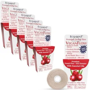 Eco-Dent VeganFloss Dental Floss, Waxed, Cranberry-Aloe - Floss with Vegan Plant-Based Wax, Recyclable Cardboard Packaging, 100 Yds (Pack of 6)
