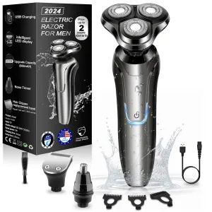 Electric Razor for Men, 2024 Men’s Electric Shavers Rotary Replacement/Waterproof/Rechargeable, Electric Shaver for Men Cordless Floating Head Replaceable Blades, Portable Travel Razor Idea Men Gift