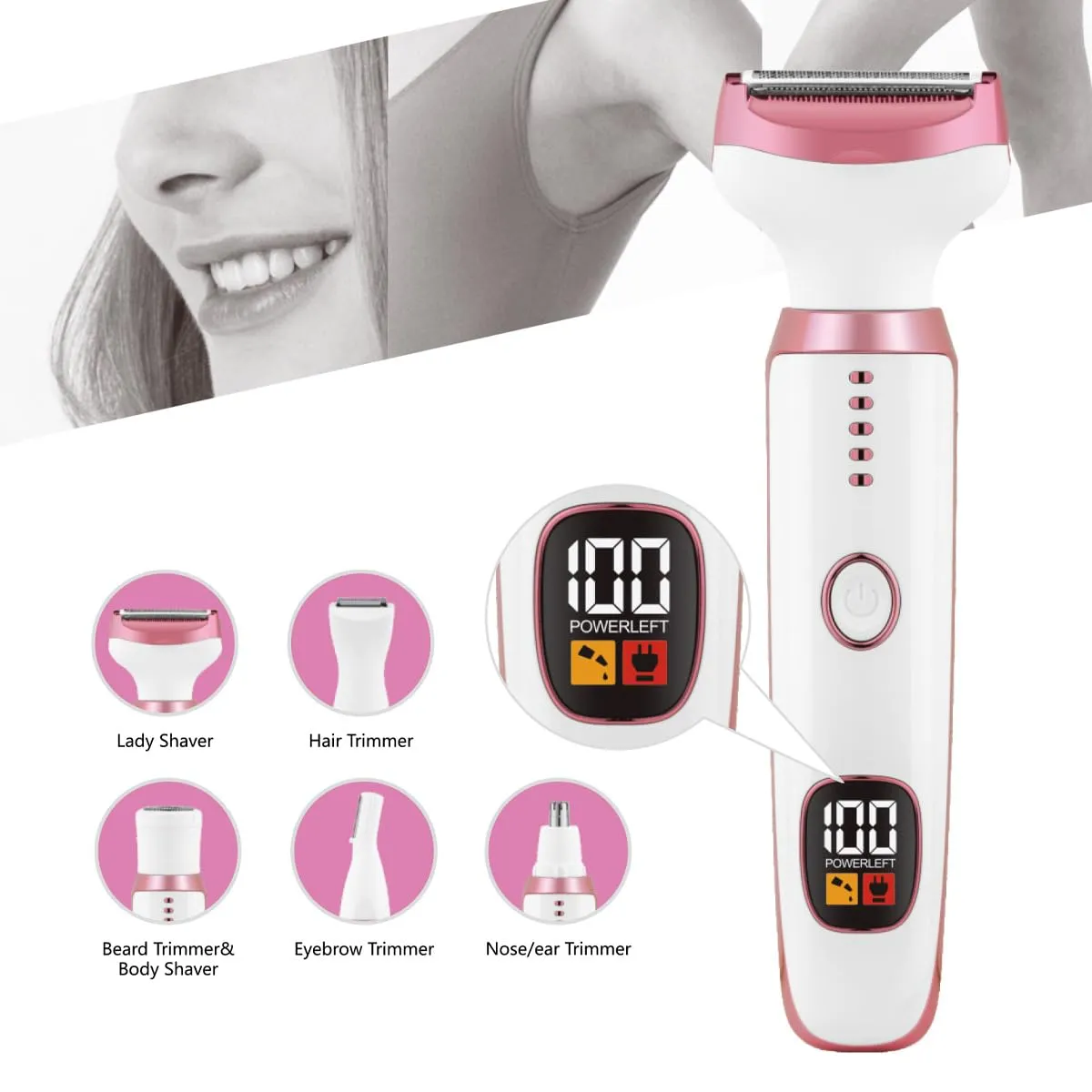 Electric Razors for Women, Bikini Trimmer for Women 5 in 1 Body Shaver for Nose Hair Face Eyebrow Arms Legs Armpit Underarm Pubic Area, Replaceable Lady Facial Razor Painless USB Charge Female Gift