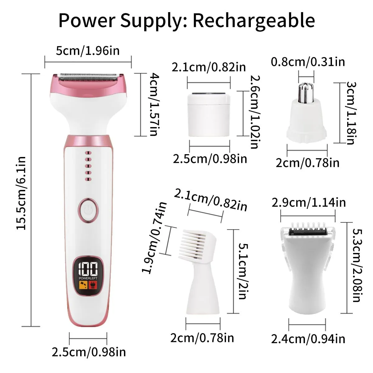 Electric Razors for Women, Bikini Trimmer for Women 5 in 1 Body Shaver for Nose Hair Face Eyebrow Arms Legs Armpit Underarm Pubic Area, Replaceable Lady Facial Razor Painless USB Charge Female Gift