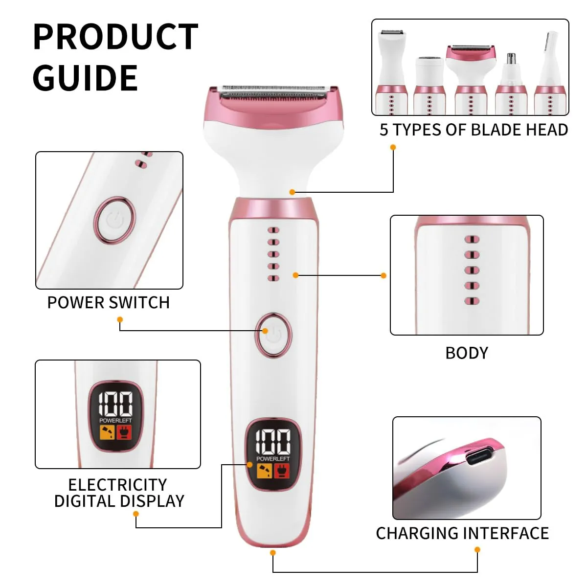 Electric Razors for Women, Bikini Trimmer for Women 5 in 1 Body Shaver for Nose Hair Face Eyebrow Arms Legs Armpit Underarm Pubic Area, Replaceable Lady Facial Razor Painless USB Charge Female Gift