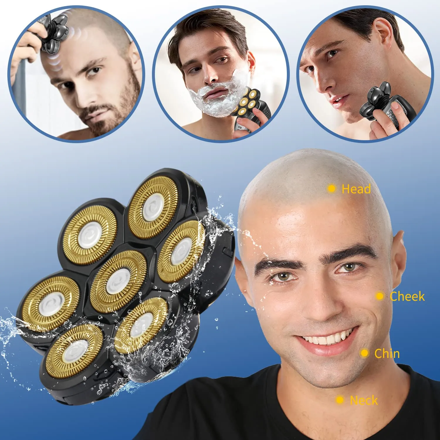 Electric Shaver Replacement Head Upgraded 7D Mens Electric Shaving Head Freedom Bald Shavers Blades Wet & Dry Electric Razor Floating Replacement Heads Close Head Shavers Replacement Blades (Gold)