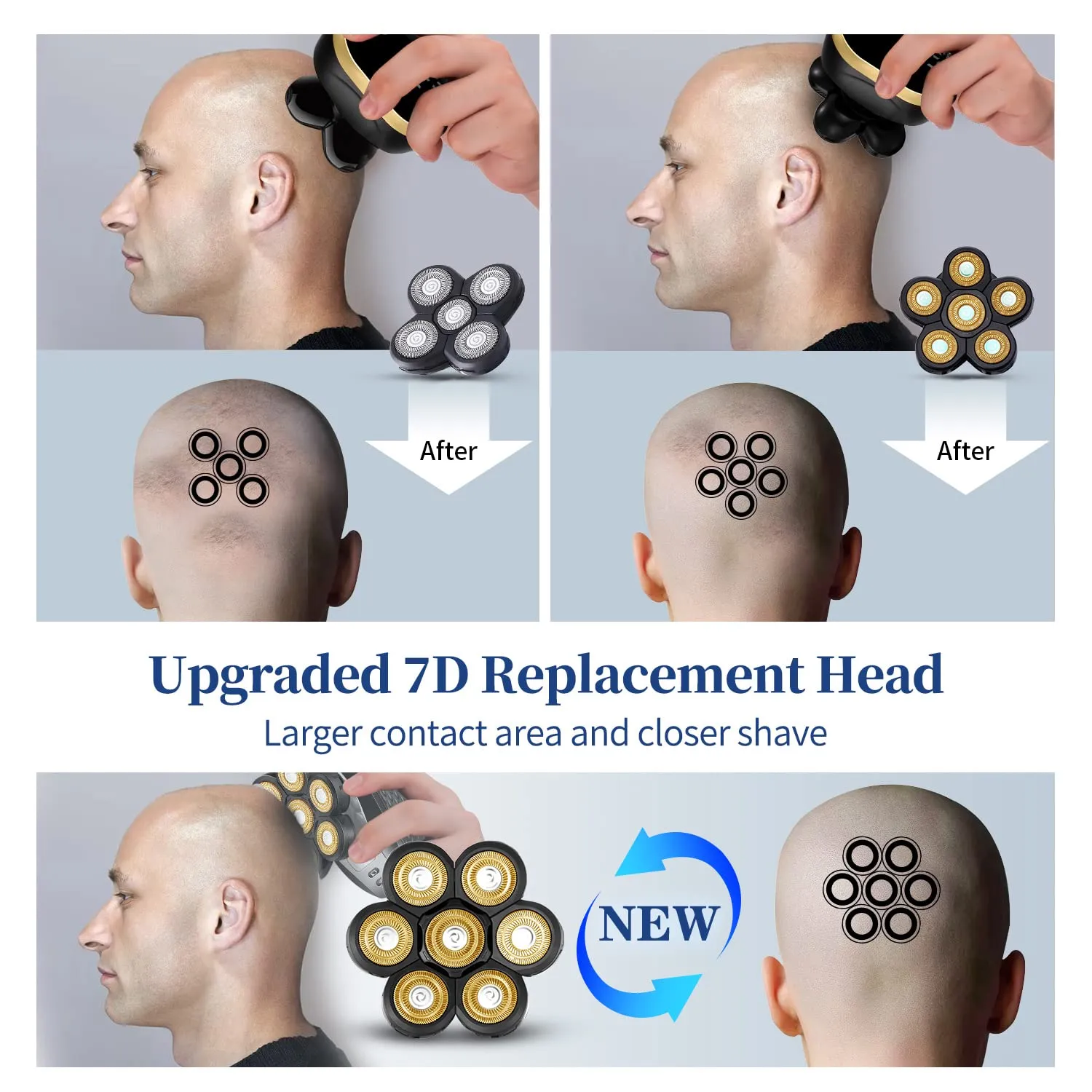 Electric Shaver Replacement Head Upgraded 7D Mens Electric Shaving Head Freedom Bald Shavers Blades Wet & Dry Electric Razor Floating Replacement Heads Close Head Shavers Replacement Blades (Gold)