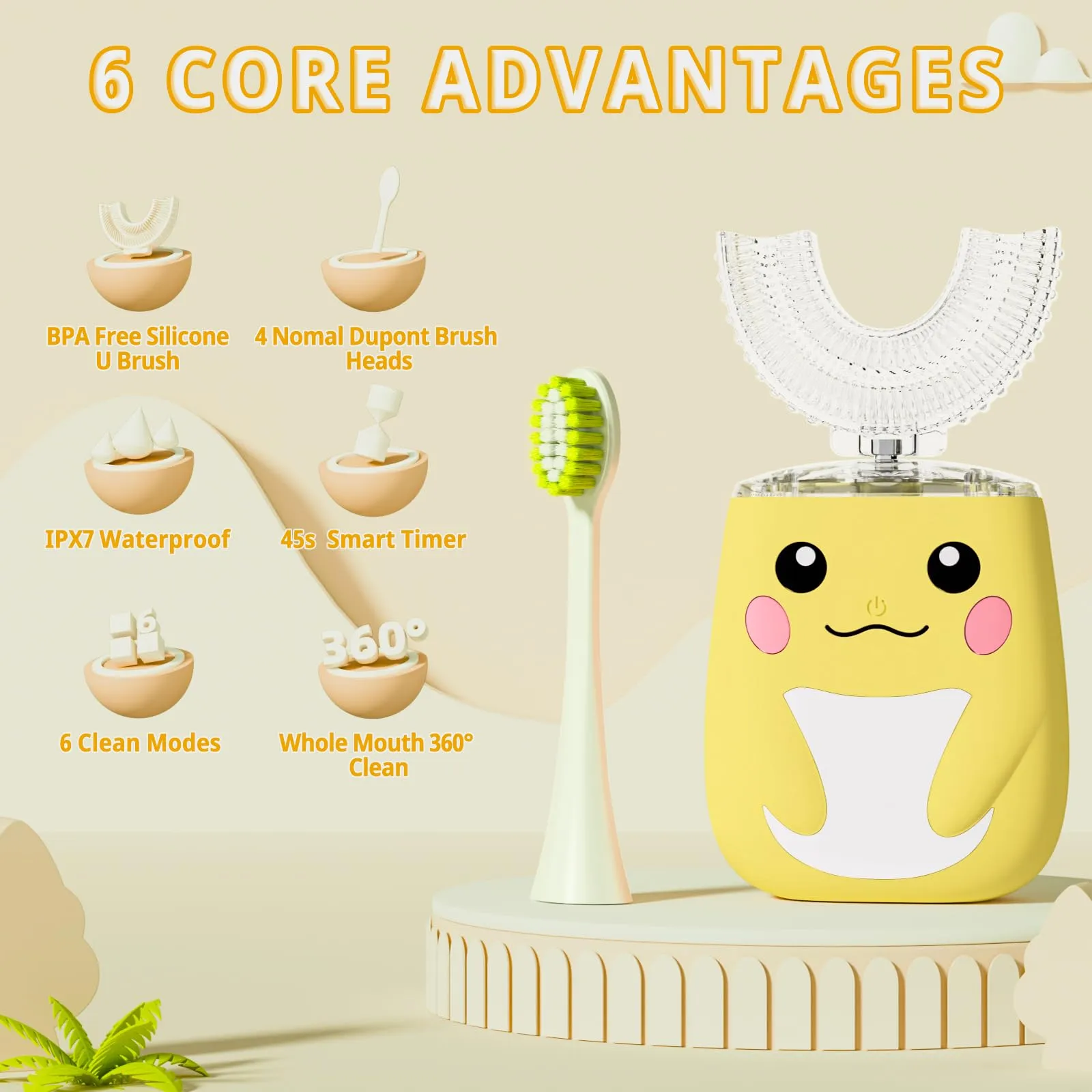 ELOTAME Kids Electric U Shaped Toothbrush Kids Sonic Toothbrush with 6 Soft Brush Head Automatic Toothbrush Rechargeable 6 Cleaning Modes IPX7 Waterproof 360 Degree Cleaning-Age8-15 Yellow