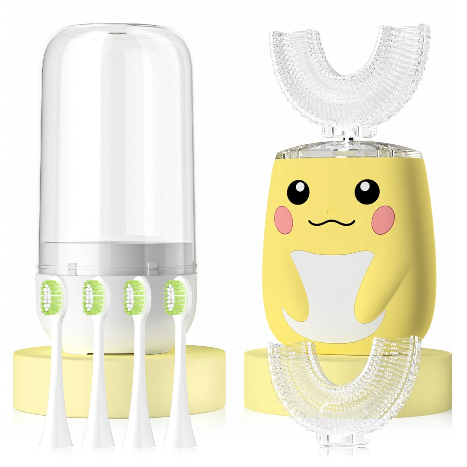 ELOTAME Kids Electric U Shaped Toothbrush Kids Sonic Toothbrush with 6 Soft Brush Head Automatic Toothbrush Rechargeable 6 Cleaning Modes IPX7 Waterproof 360 Degree Cleaning-Age8-15 Yellow