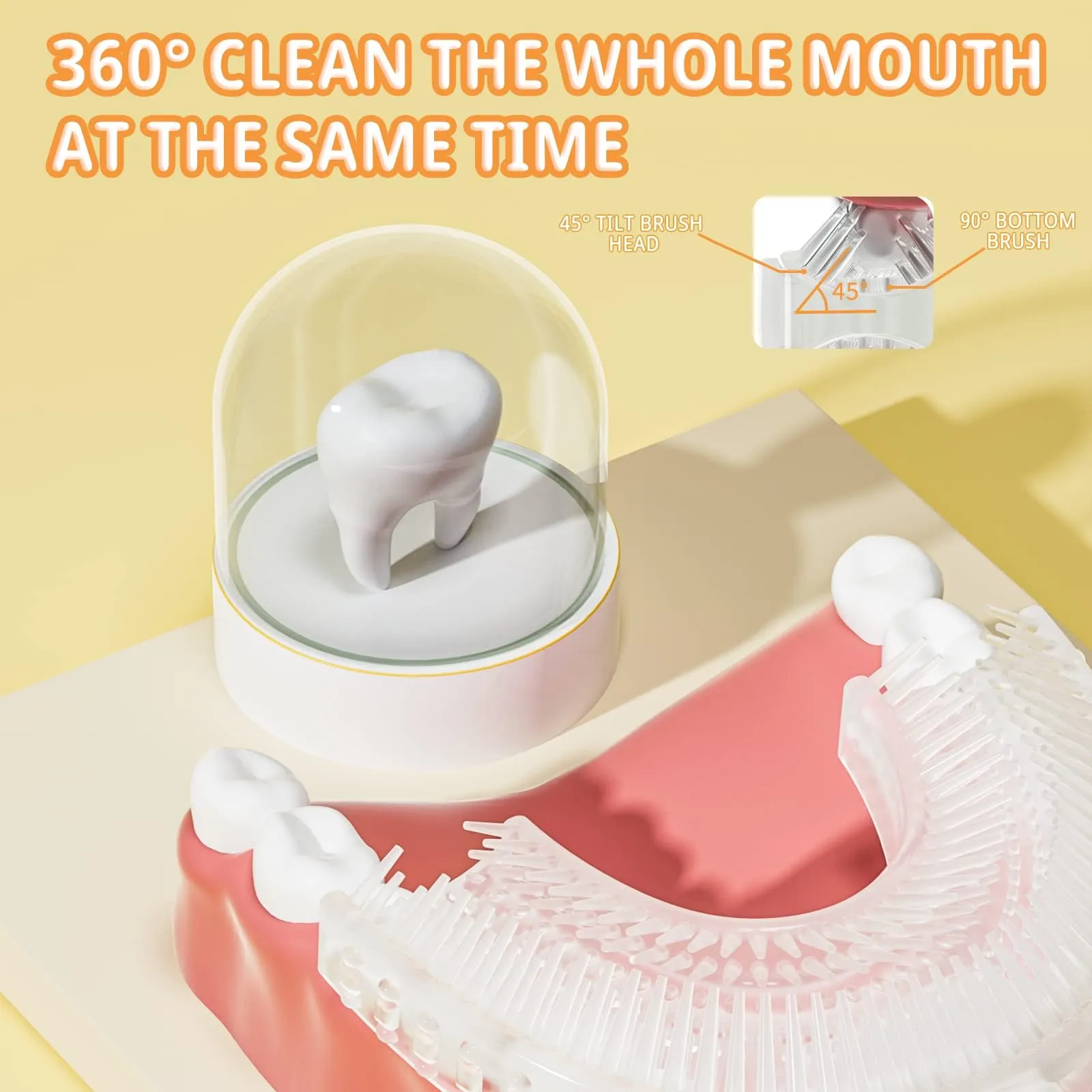 ELOTAME Kids Electric U Shaped Toothbrush Kids Sonic Toothbrush with 6 Soft Brush Head Automatic Toothbrush Rechargeable 6 Cleaning Modes IPX7 Waterproof 360 Degree Cleaning-Age8-15 Yellow