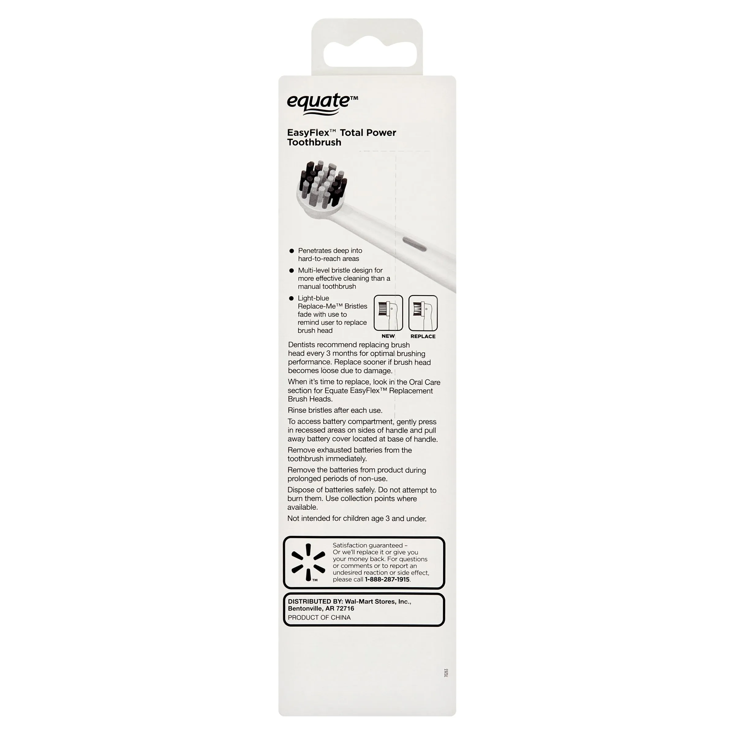 Equate EasyFlex TotalPower Toothbrush, Battery Powered, 1 Handle, 2 Replacement Brush Heads