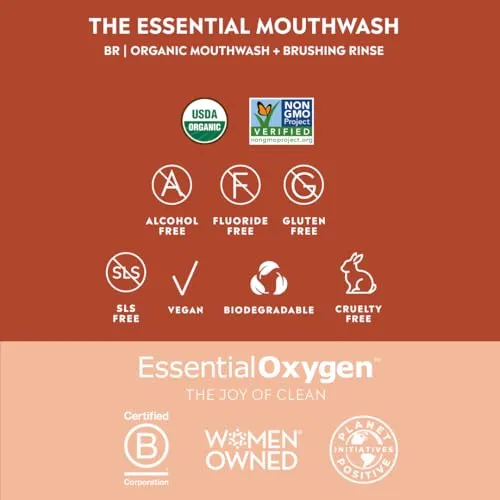 Essential Oxygen BR Certified Organic Brushing Rinse, Cinnamint, 32 Ounce (Pack of 1), All Natural Mouthwash for Whiter Teeth, Fresher Breath, and Happier Gums, Alcohol-Free Oral Care