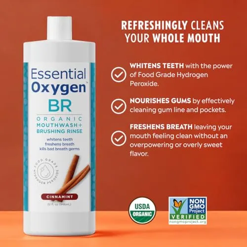 Essential Oxygen BR Certified Organic Brushing Rinse, Cinnamint, 32 Ounce (Pack of 1), All Natural Mouthwash for Whiter Teeth, Fresher Breath, and Happier Gums, Alcohol-Free Oral Care