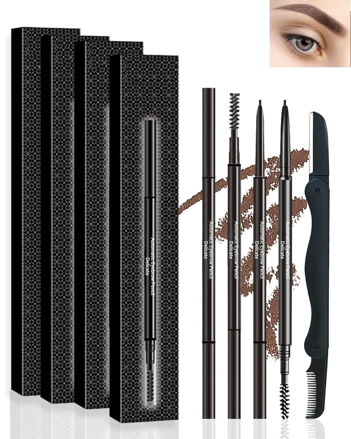 Eyebrow Pencil - 4 Pcs Professional Micro Brow Pencil Kit with Brow Razor, Longlasting Waterproof Eyebrow Makeup with Dual Ends, Ultra-Fine Mechanical Pencil for Women Eye Makeup  05 Brown
