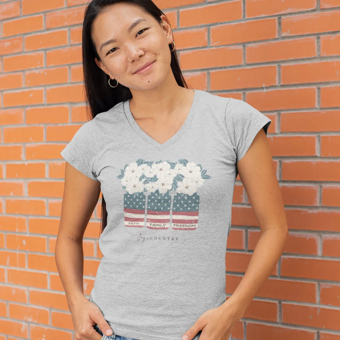 Faith, Family, Freedom Mason Jars - Unisex V-Neck Tee