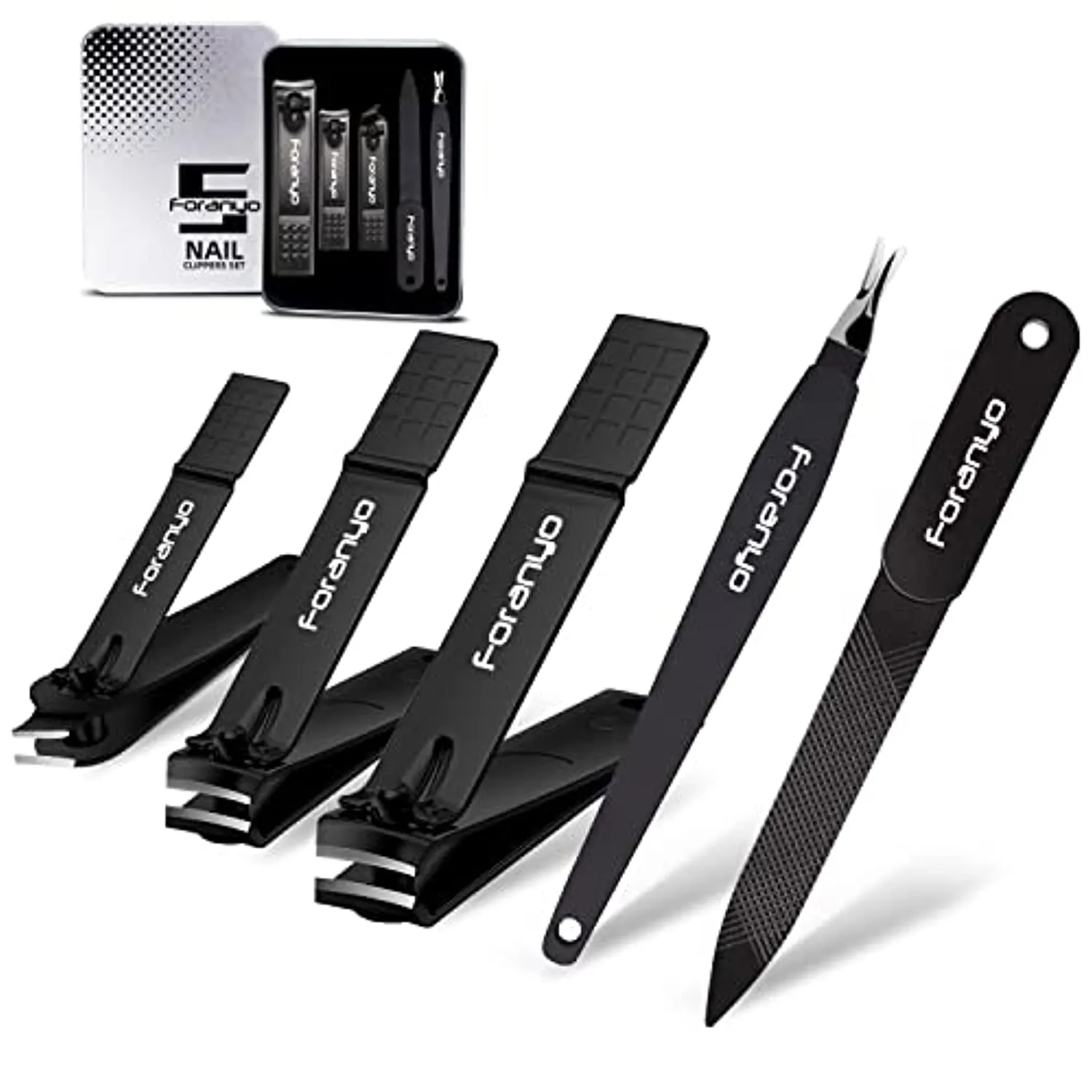 Foranyo Nail Clippers, 5 in 1 Stainless Steel Nail Clipper Set, Professional Fingernail & Toenail Clippers with Gift Box(Black)