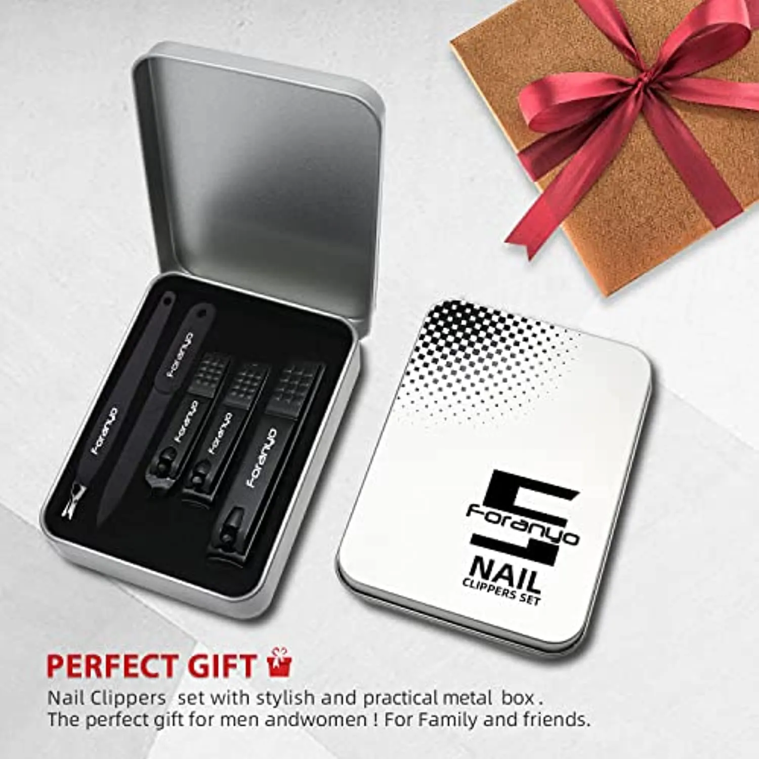 Foranyo Nail Clippers, 5 in 1 Stainless Steel Nail Clipper Set, Professional Fingernail & Toenail Clippers with Gift Box(Black)
