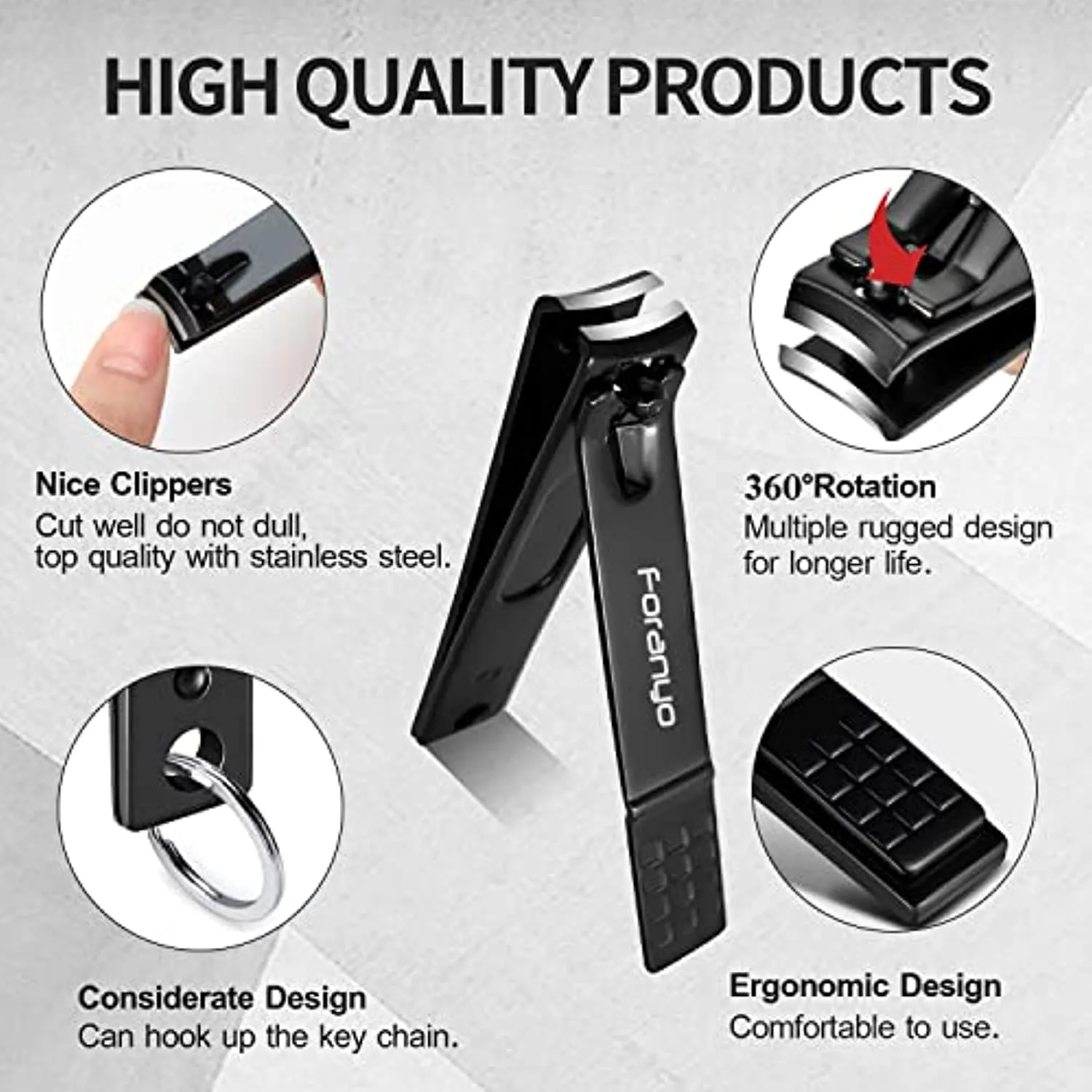 Foranyo Nail Clippers, 5 in 1 Stainless Steel Nail Clipper Set, Professional Fingernail & Toenail Clippers with Gift Box(Black)