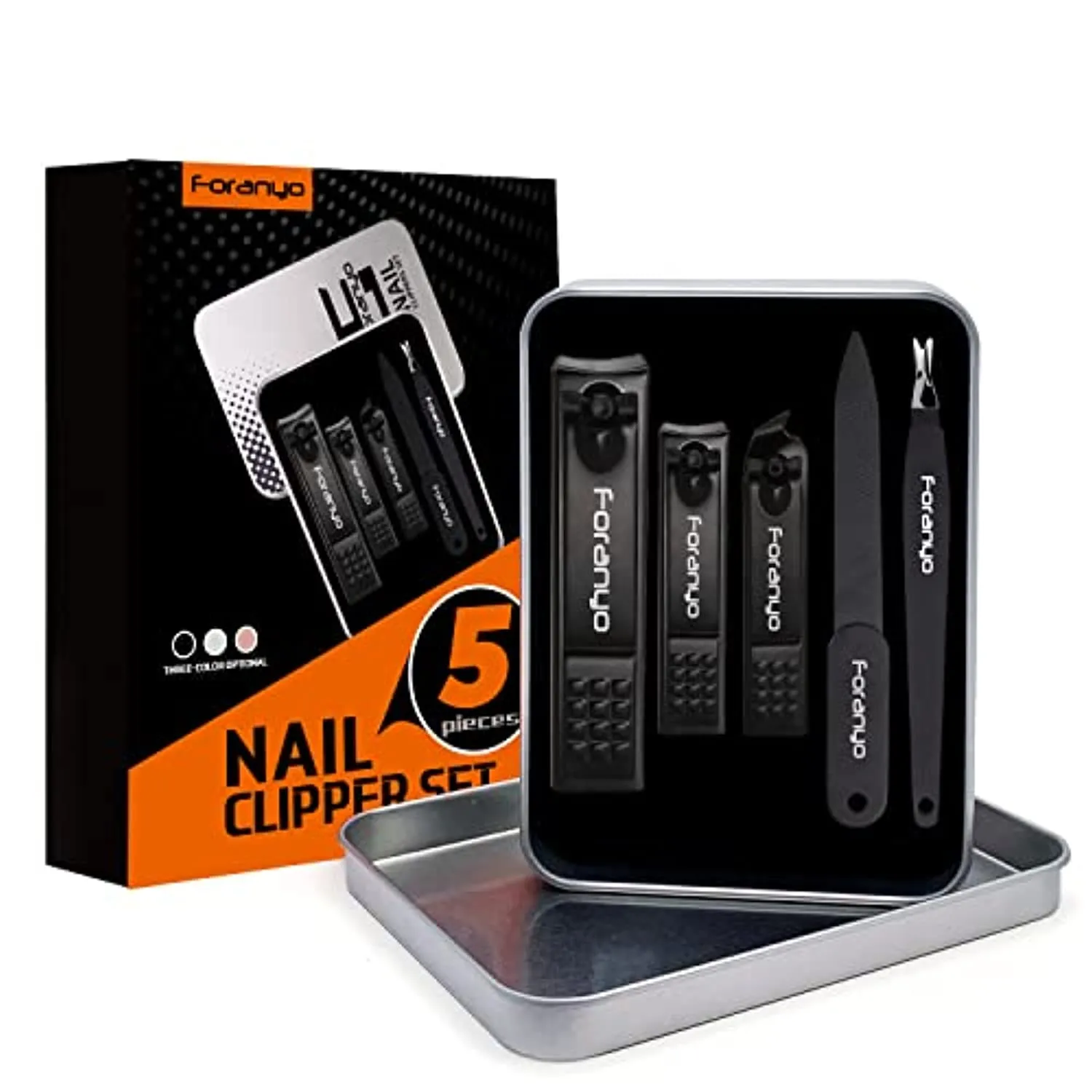 Foranyo Nail Clippers, 5 in 1 Stainless Steel Nail Clipper Set, Professional Fingernail & Toenail Clippers with Gift Box(Black)