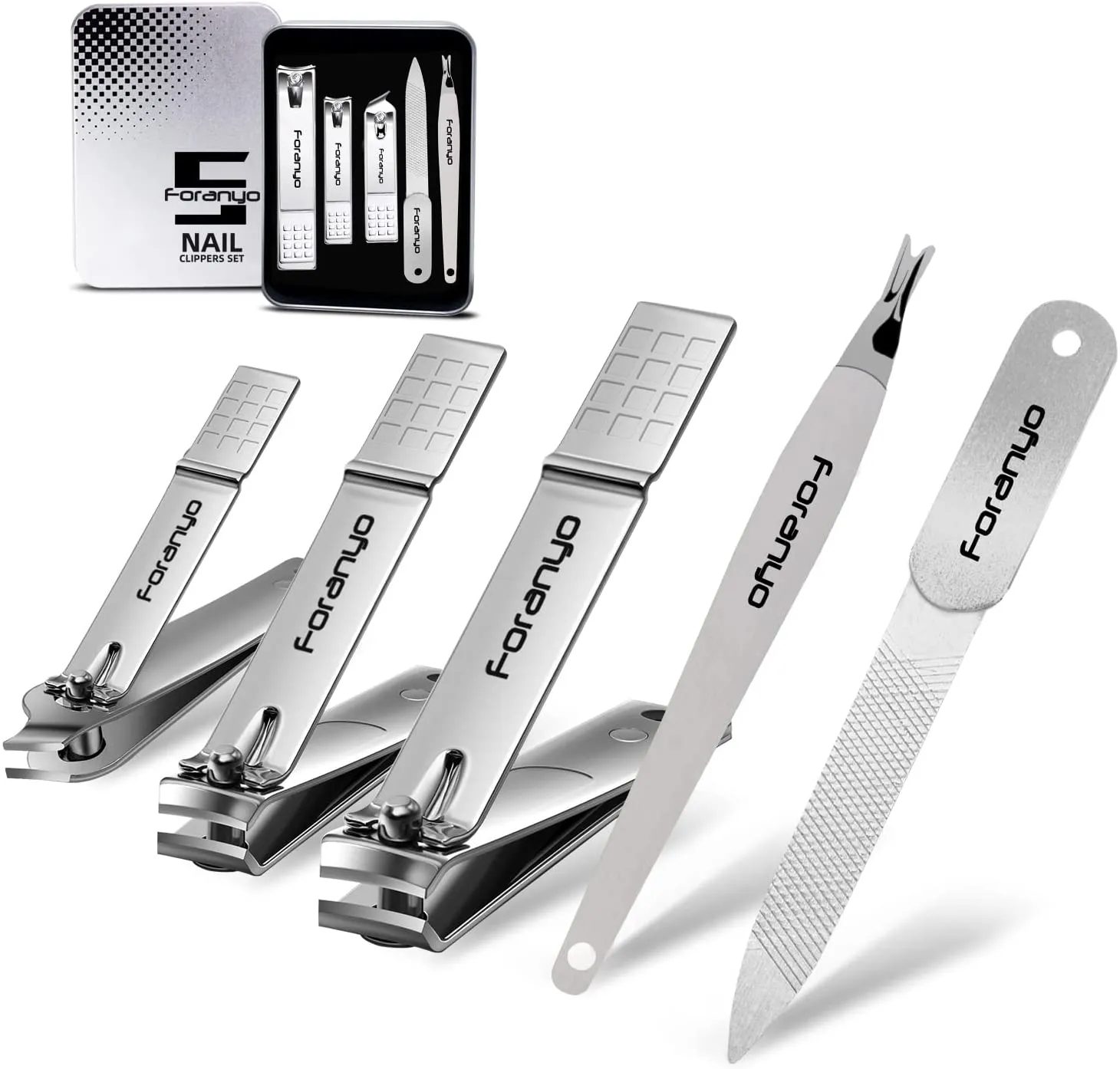 Foranyo Nail Clippers, 5 in 1 Stainless Steel Nail Clipper Set, Professional Fingernail & Toenail Clippers with Gift Box(Black)
