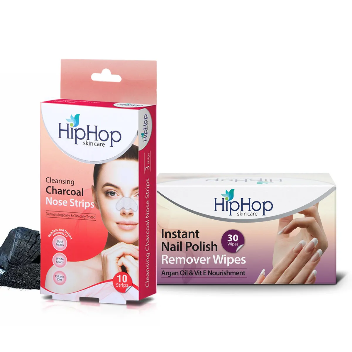 HipHop Blackhead Remover Nose Strips for Women (Activated Charcoal, 10 Strips)   Instant Nail Polish Remover Wipes (Argon Oil, 30 Wipes)