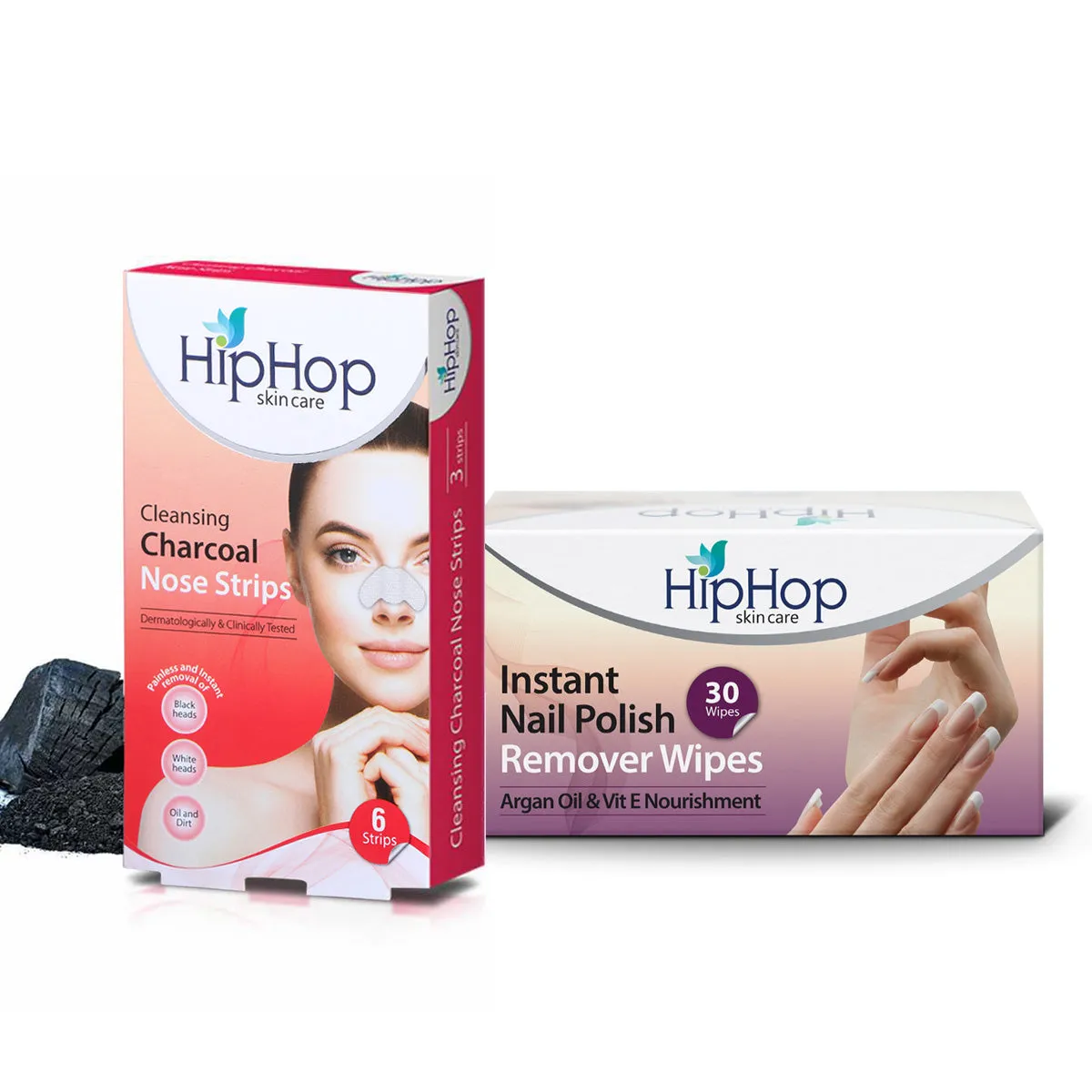 HipHop Blackhead Remover Nose Strips for Women (Activated Charcoal, 6 Strips)   Instant Nail Polish Remover Wipes (Argon Oil, 30 Wipes)