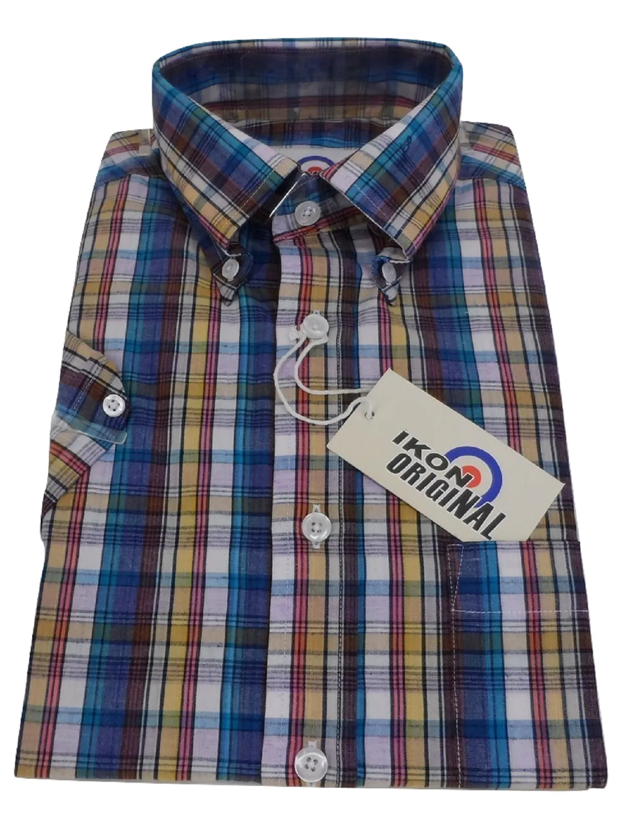 Ikon Original Blue Multi Checked Short Sleeved Button Down Shirts