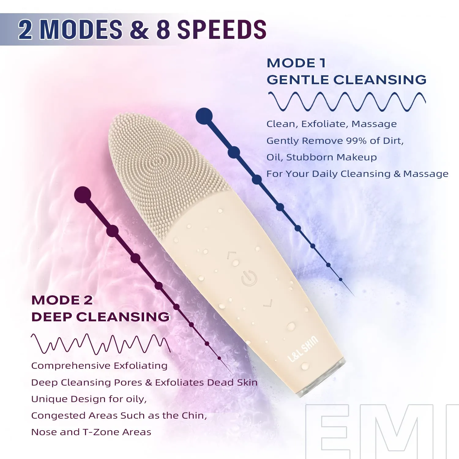 L&L SKIN EMI Facial Cleansing Brush, Face Brush for Deep Cleansing, Ultra Hygienic Soft Silicone Face Scrubber, Rechargeable & Waterproof